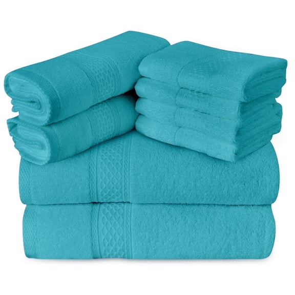 Gogreen 100% Cotton Bath Towel Sets of 8 Pieces, 2 Bath Towels 2 Hand Towels 4 Washcloths, Highly Absorbent Towels for Bathroom, Gym, Hotel (Teal)