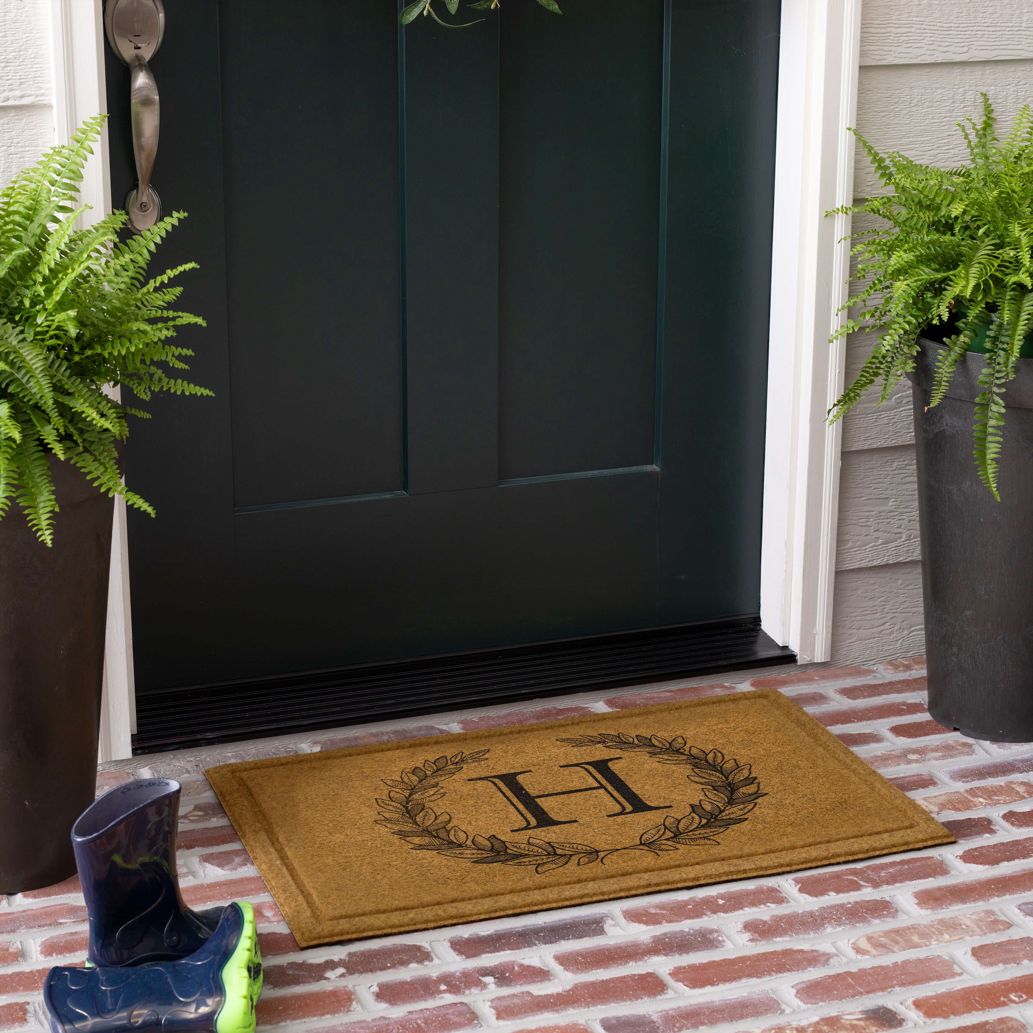 Mohawk Home Laurel Monogram H Low Pile Printed Faux Coir All Weather Eco Friendly Indoor/Outdoor Doormat, Natural, 1' 6" X 2' 6"
