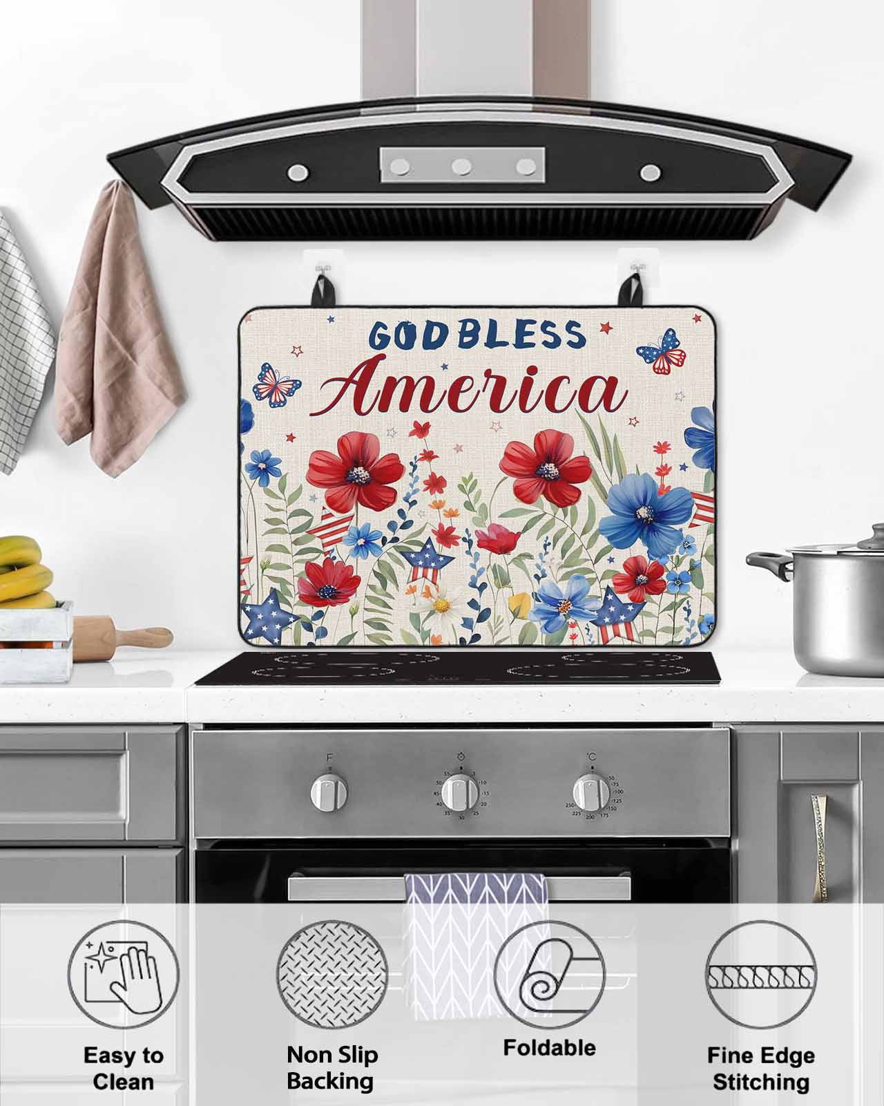 nqOlkjepod Large Induction Cooktop Protector Mat 28.5"x20.5", 4th of July Stove Top Covers for Electric Stove, Independence Day Red Blue Floral Rustic Stove Burner Cover Mats, Glass Top Stove Cover