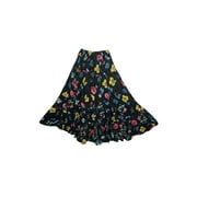 Mogul Boho Style Maxi Skirt Black Floral Print Full Flared Elastic Waist Summer Skirts