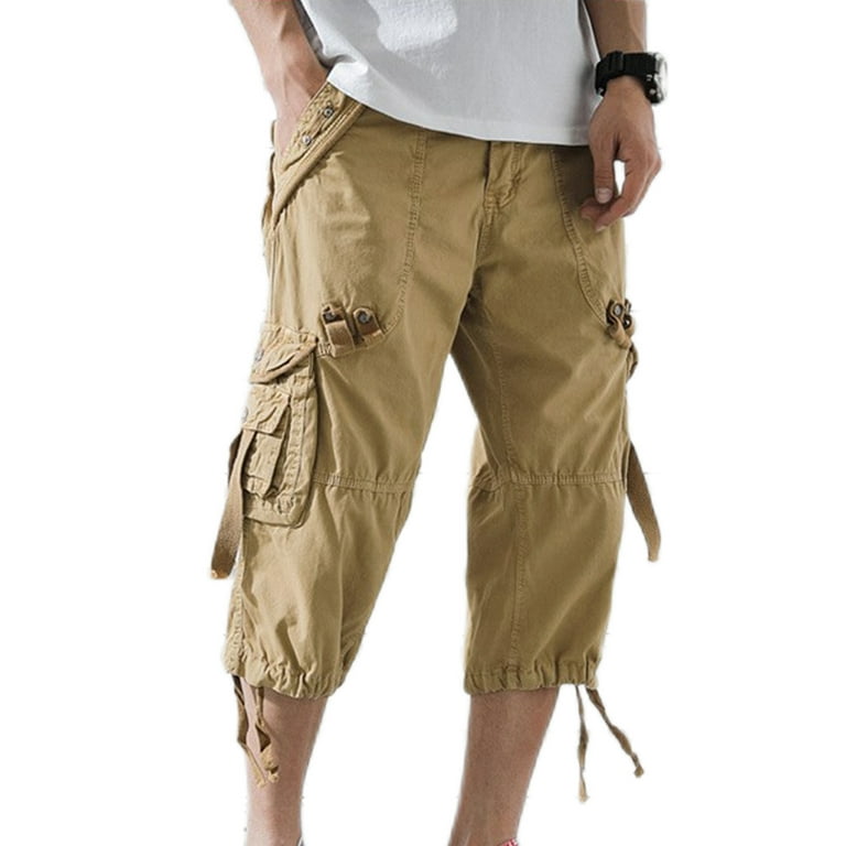 Capreze Men Capri Pants Summer Elastic Waist Cargo Shorts Bottoms Summer  Short Pants Multi-pockets Crop Harem Pants Loungewear