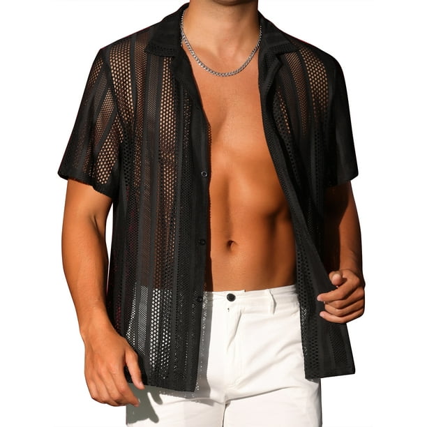 Camisa de Malla INSPIRE CHIC para Hombre con Cuello Camp, Manga Corta, Botones, Camisas de Fiesta Transparentes, L Negra