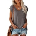 thumbnail image 2 of Blouses for Women Dressy Casual Cap Short Sleeve Summer V Neck Solid Color Casual Loose Fit Refreshing Breathable Resistant Daily Brown Workout Tops Sizes 2XL, 2 of 6