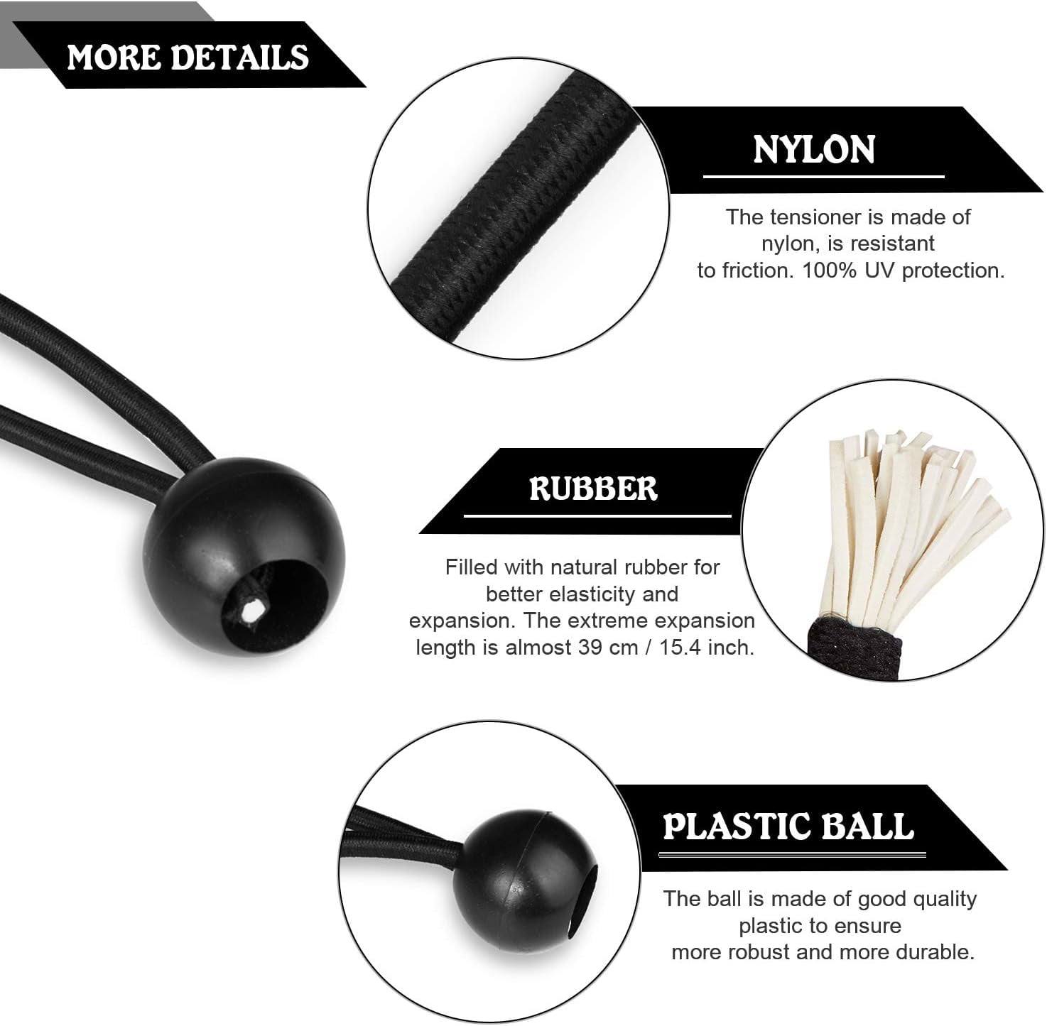 Flexible Ball Bungee Cord, Heavy Duty &amp; Portable Elastic Straps with Natural Latex Core for Multiple-Use Outdoors, 20 PCS Black Nylon &amp; Rubber Beads, Weather Resistant