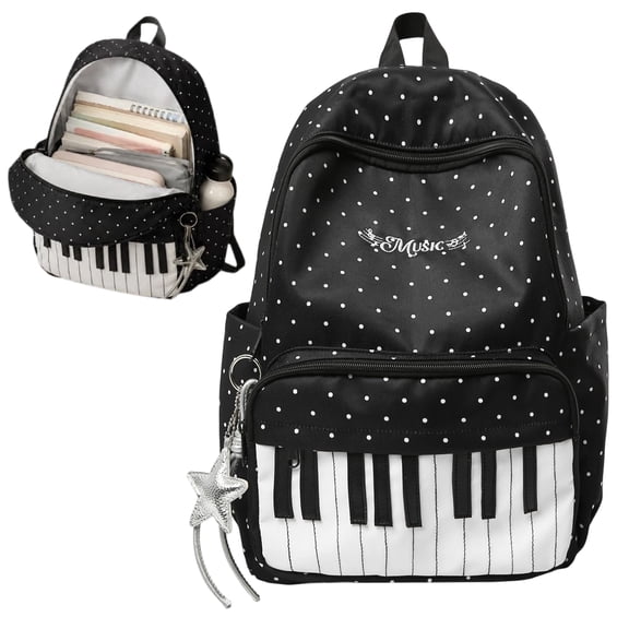 Piano Backpack, Polka Dot Music Theme, Water-Resistant Nylon Large Capacity, Adjustable Padded Straps, Polka Dot Piano Backpack for School and Travel