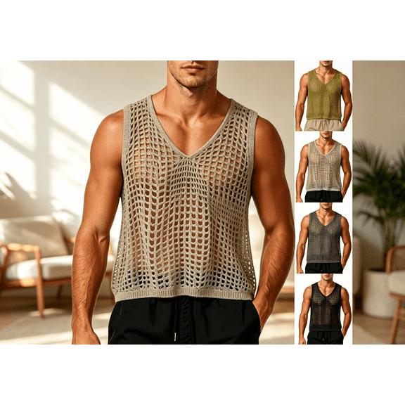 Mens See Through Hollow Out Sleeveless Shirt Crochet Mesh Fishnet Tank Top for Men V Neck Fishnet Fitted Muscle Shirt Clubwear Yellow