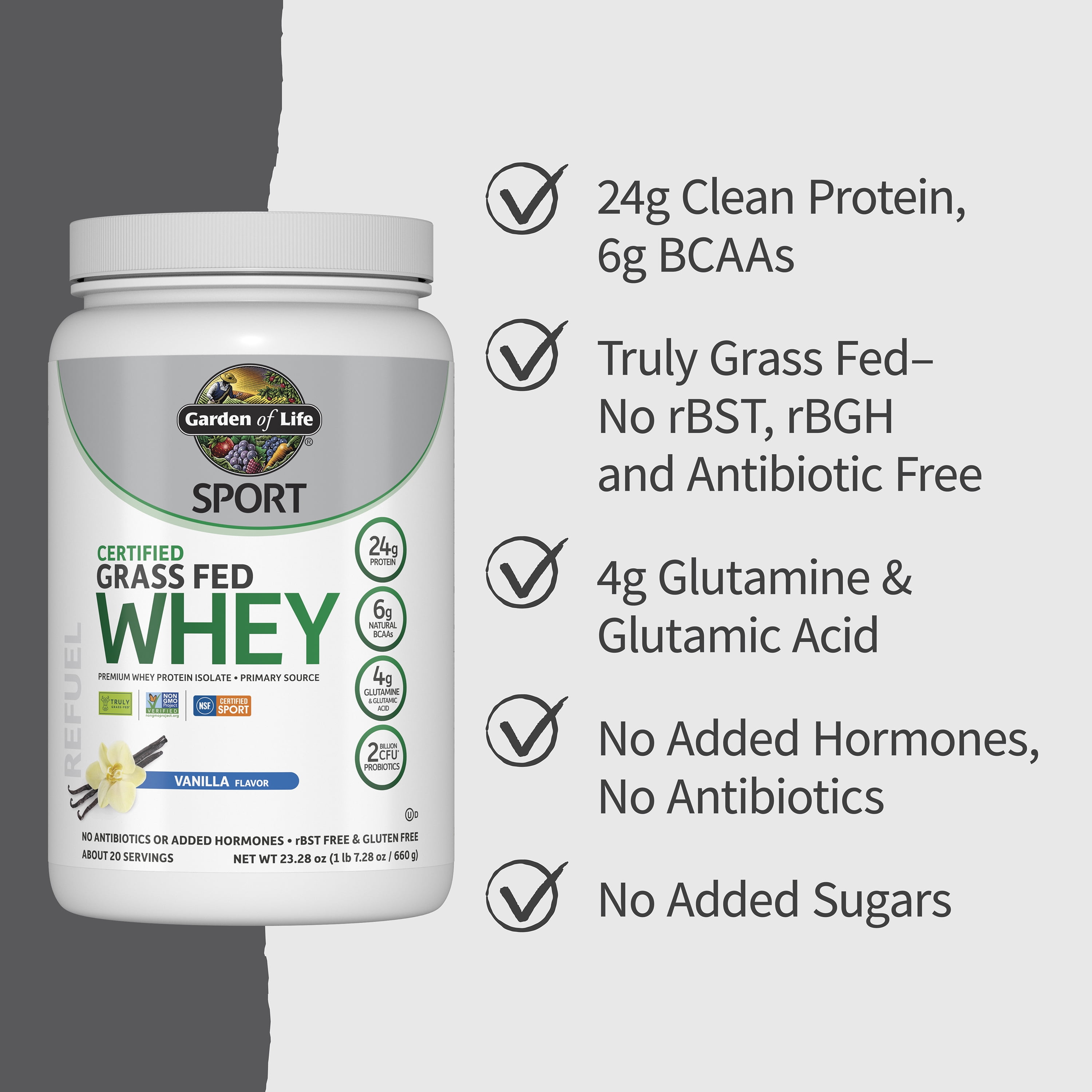 Garden Of Life Sport Grass Fed Whey Protein Powder, Refuels and Repairs Muscles, 24g Protein, Vanilla, 1.1 Lb