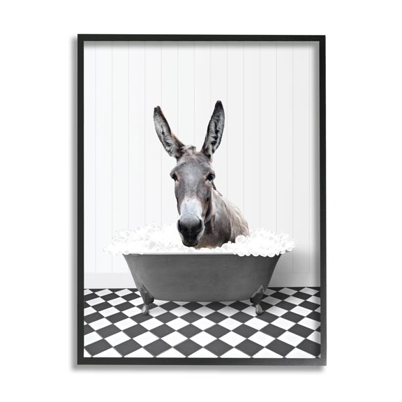 Stupell Industries Donkey in Vintage Bath Animals & Insects Painting Black Framed Art Print Wall Art, 24 x 30