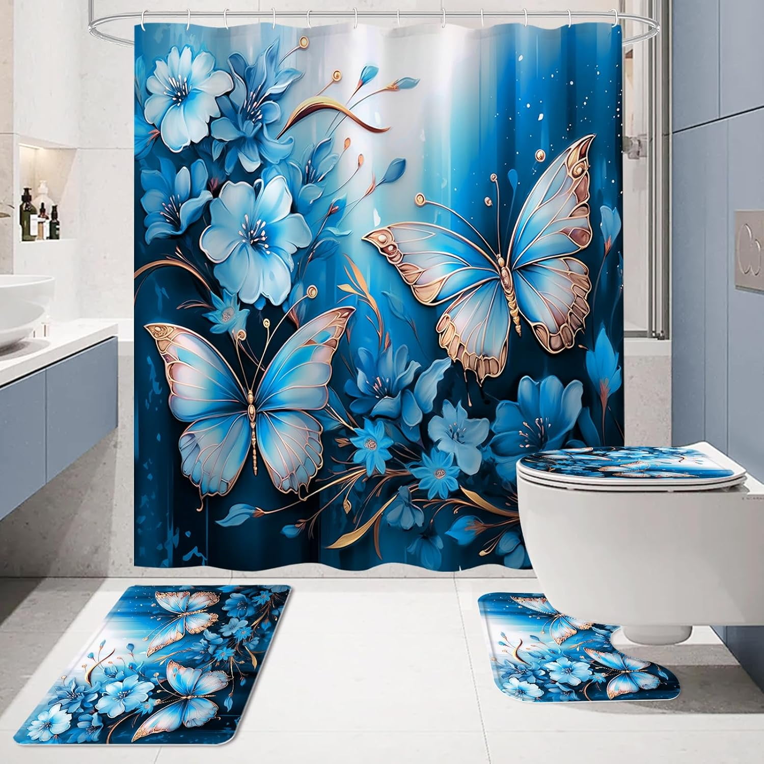 4 Pcs Navy Blue Floral Butterfly Shower Curtain Set with Non-Slip Rugs, Modern Toilet Lid Cover and Bath Mat, Elegant Bathroom Decor Set with Shower Curtain and Rugs(Hooks Not Included)