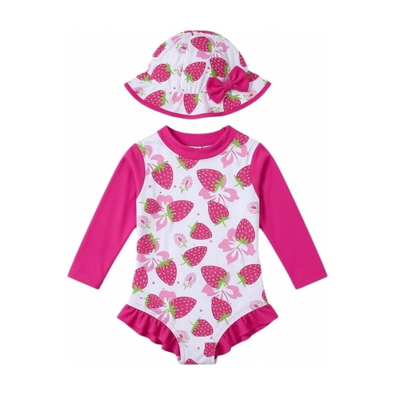 XEGLSBU Girls 1 Piece Swimsuit with Cap Long Sleeve Snap Button Swimsuit for Baby Girls Rash Guard Swimwear for Pool Beach Pink1 Size 2-3 Years