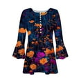 thumbnail image 4 of CYMMPU Tunic Tops Button V Neck Flare Sleeve Blouses for Women Dressy Casual Summer Fashion Shirts Spring Tops 3/4 Sleeve Flower Pattern Loose Fit Pleated Dressy T-Shirts L, 4 of 5