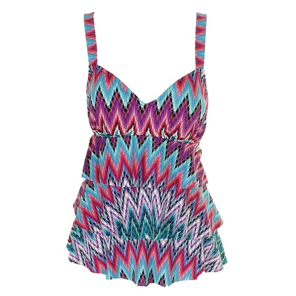 Swim Solutions Womens Teal Multi Island Sunset Tummy-Control Tiered Swimsuit 8