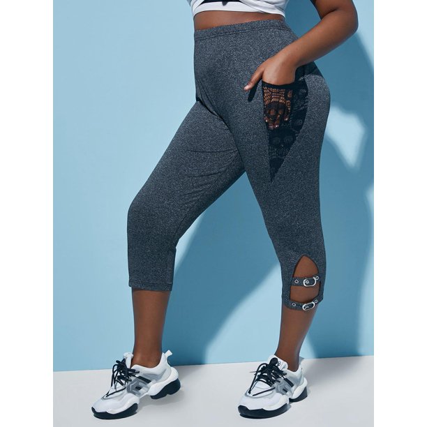 Talla grande de encaje cráneo hebilla recorte capri leggings Rosegal Leggings de talla grande