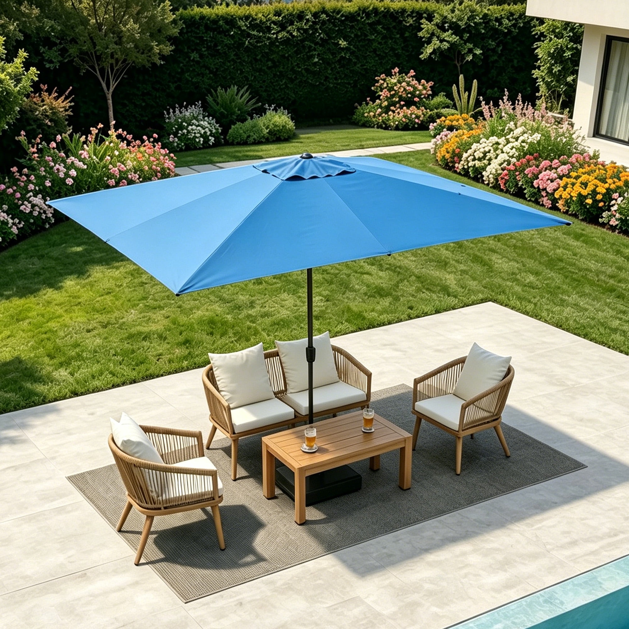 Kool 10x6.5ft Rectangular Patio Umbrella with Crank Handle, Outdoor Market Umbrella with 6 Sturdy Umbrella Ribs, Waterproof, Aqua