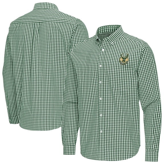 Men's Antigua Hunter Green Milwaukee Bucks Ellis Woven Tri-Blend Button-Down Shirt