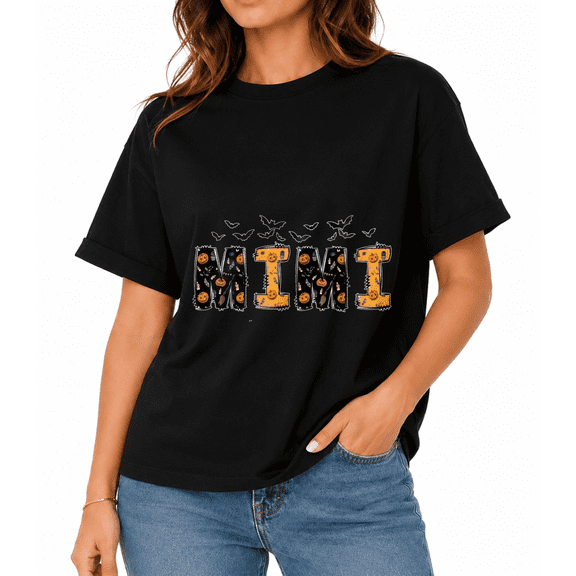 Women's Pumpkin Bat Mimi Halloween Graphic T-Shirt, Fall Party Casual Short Sleeve Tee