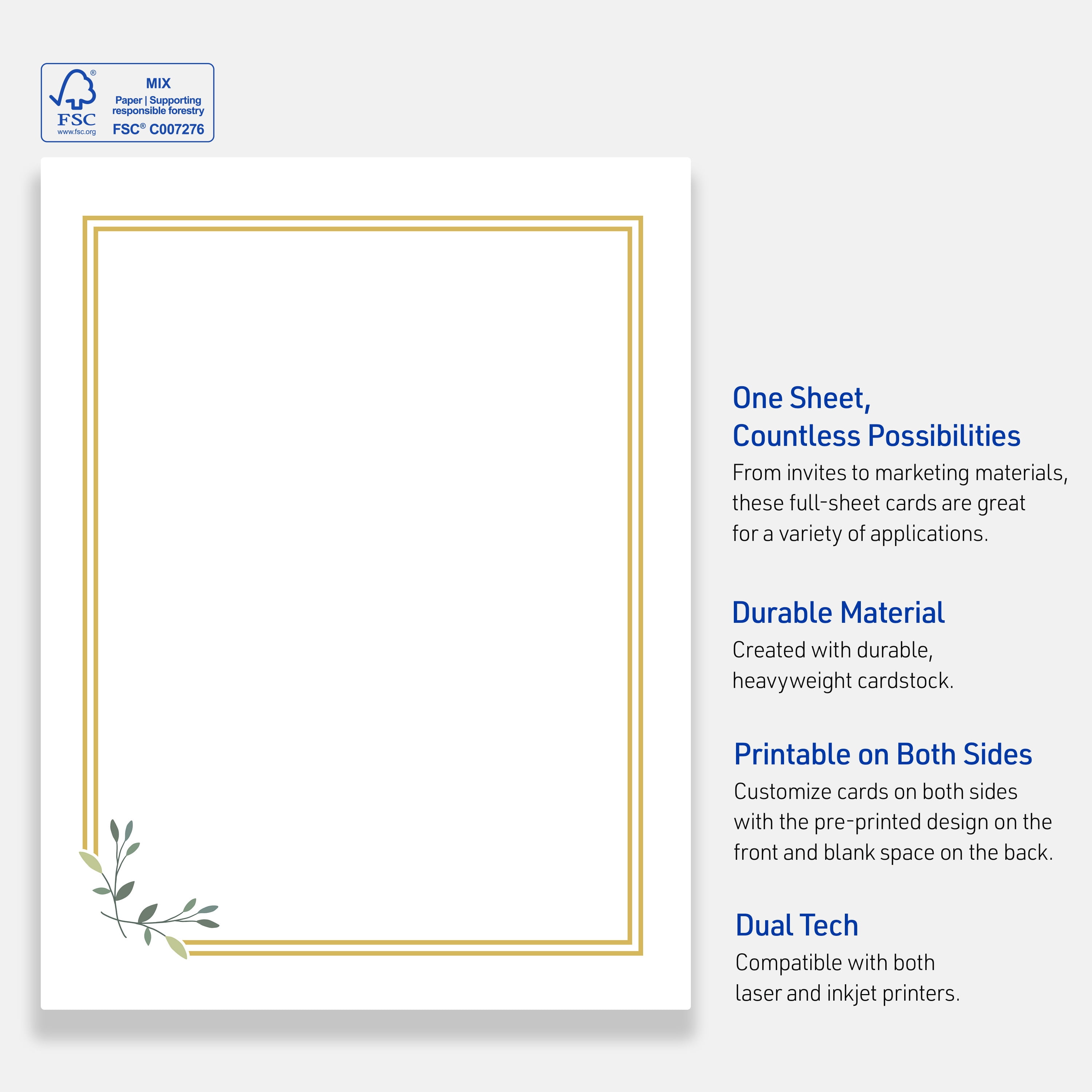 Avery Cardstock, 8.5" x 11", Matte White, Double Gold/Florals