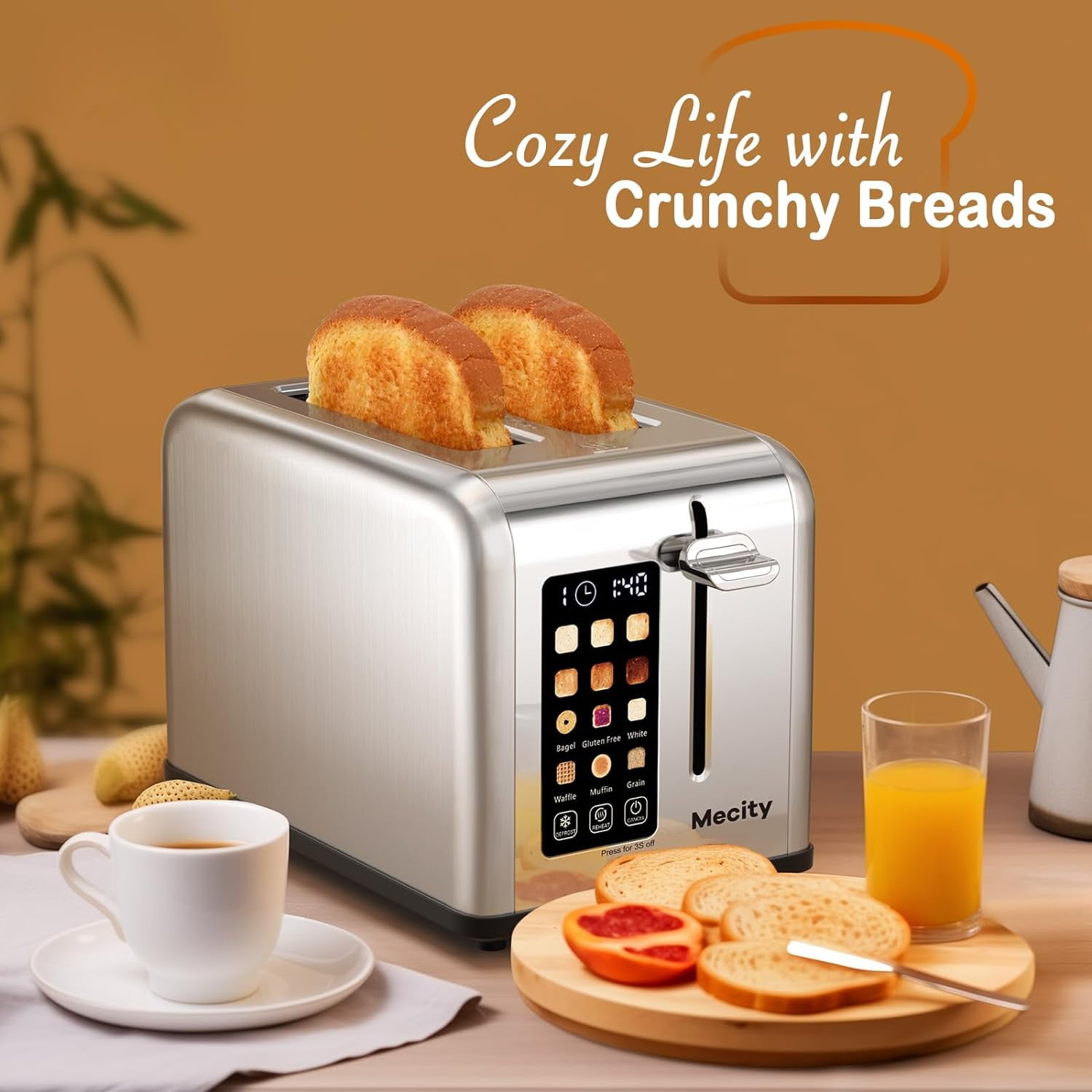 2 Slice Toaster Touch Screen 1.5" Wide Slot, Stainless Steel Smart Bread Toaster for Bagel Muffin Waffle Gluten Free Breads, Timer, Defrost, Reheat, 120V 825W