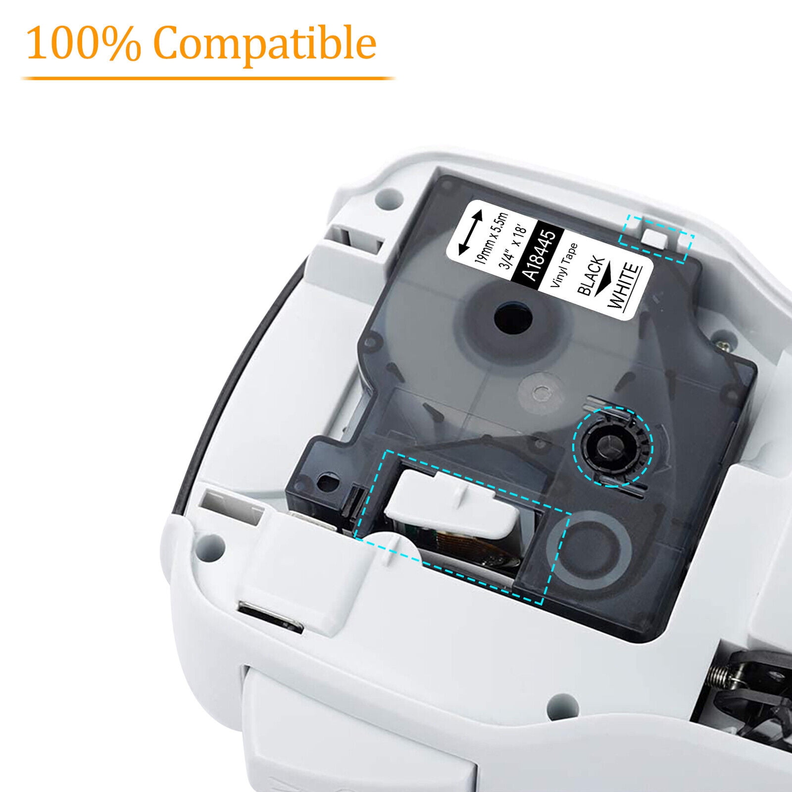 GREENCYCLE 5PK Compatible for DYMO 18445 19mm 5.5m Black on White Vinyl Label Maker Tape