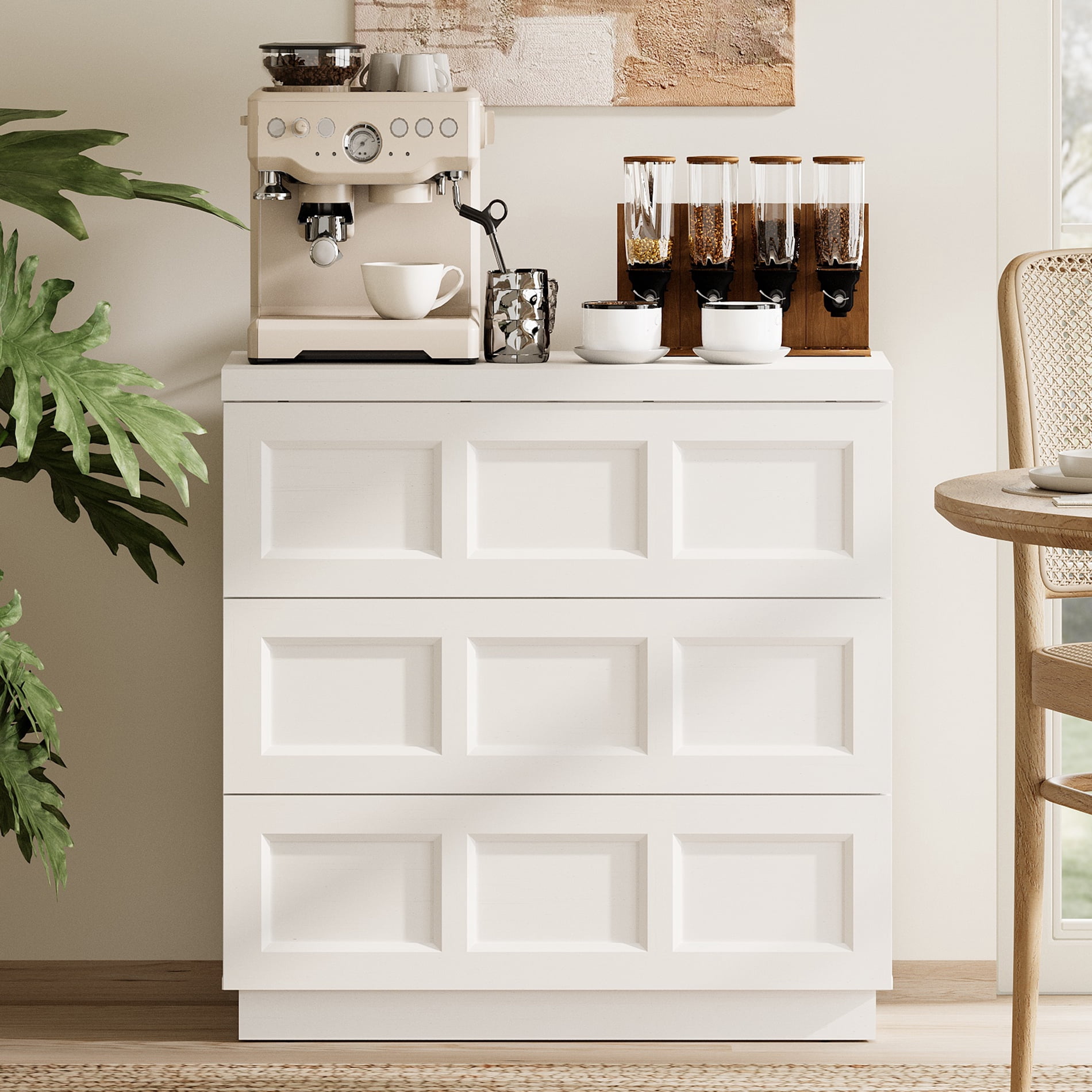 HOMOOI 3-Drawer Sideboard Cabinet, Boho 31.5" Thickened Wood Storage Buffet Console with Pop-Up Rebound Drawers, Smooth Silent Gliding Design, Anti-Wobble Stable Accent Cabinet for Dining Room,White