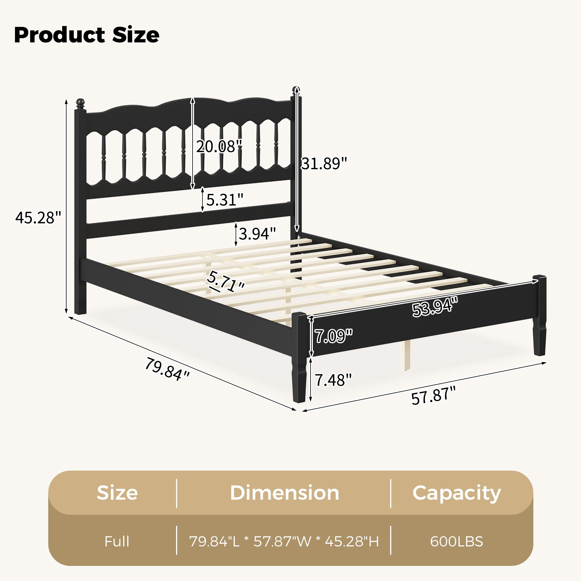 Mintazer Farmhouse Full Platform Bed with Spindle Headboard, Vintage Arched Slat Platform Bed Frame for Bedroom, No Box Spring Required, Black