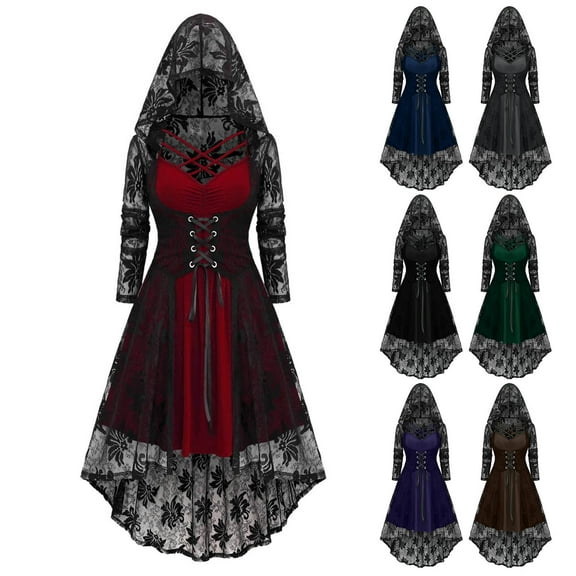 Kilaqueen Womens Halloween Dresses with Lace Cloak Vintage Gothic Medieval Dress Front Lace Up Corset Renaissance Dress