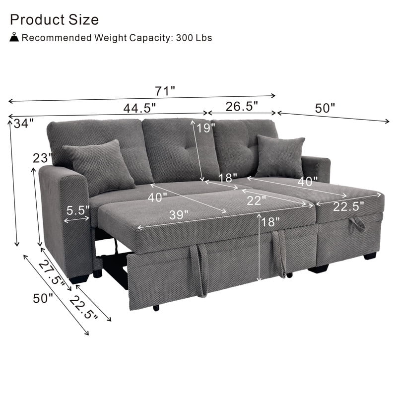 L-Shaped Sectional Sofa with Pull-Out Bed and Reversible Chaise, Convertible Sleeper Sofa Bed Modern Couch Bed for Living Room Apartment