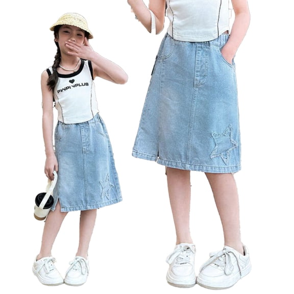 LYMAYTER Teens Girls Denim Skirt Elastic Waist Frayed Hem Casual Jean for Young Women 5-14Y