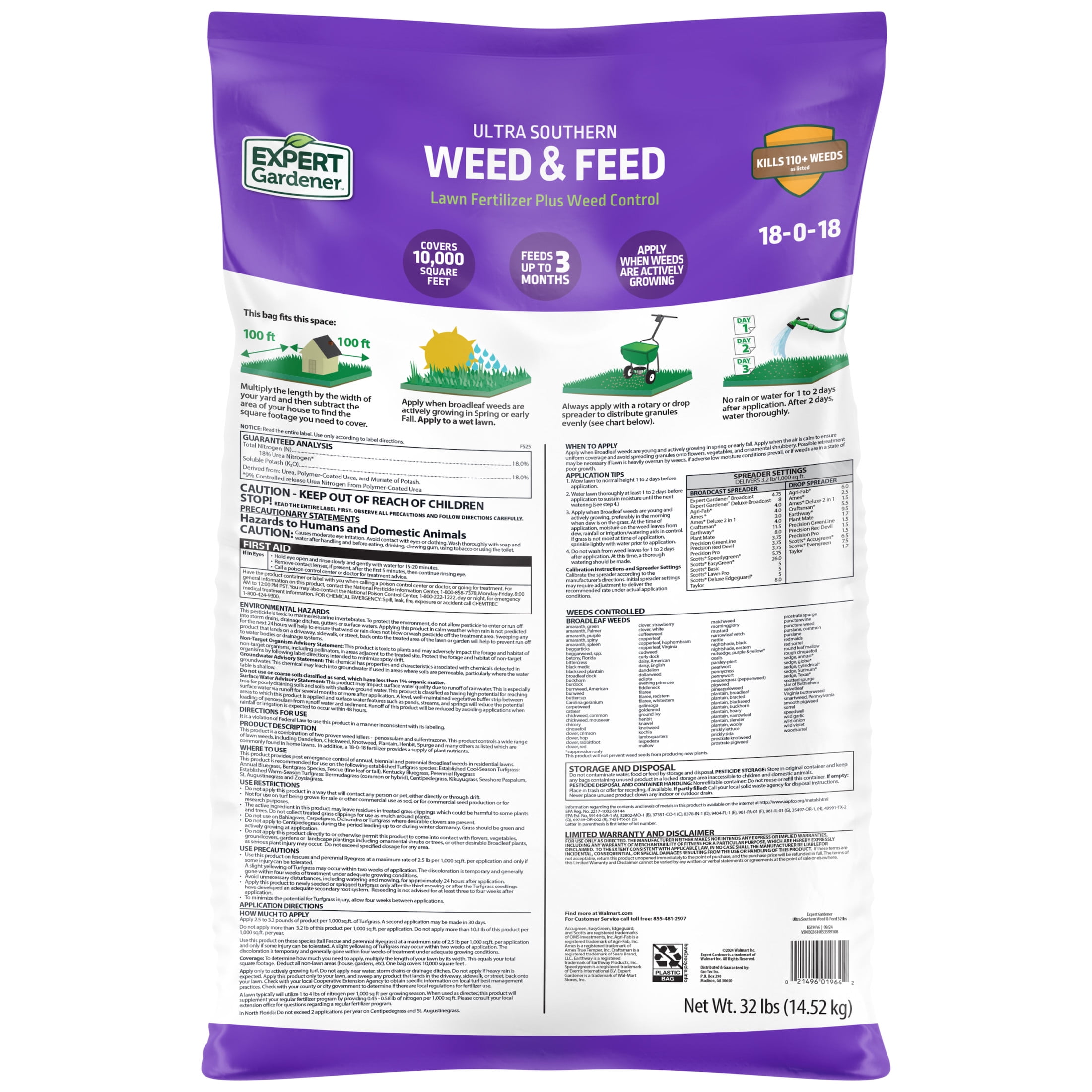 Expert Gardener Ultra Southern Lawn Fertilizer & Weed Control, 32 lb.- Covers 10,000 Sq. ft.