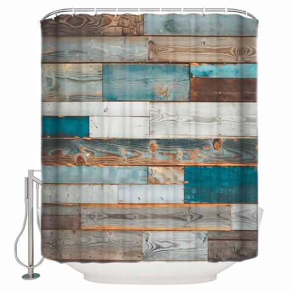Extra Long Shower Curtain 72x84 Inch, Turquoise Brown Shower Curtain Waterproof Bathroom Decor Vintage Country Ombre Wooden Grain Fabric Bath Curtain Set Accessories with Hooks