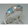thumbnail image 2 of LBG British Made Luxury Solid 10K White Gold Natural Topaz and Cultured Pearl Trilogy Ring, 2 of 7