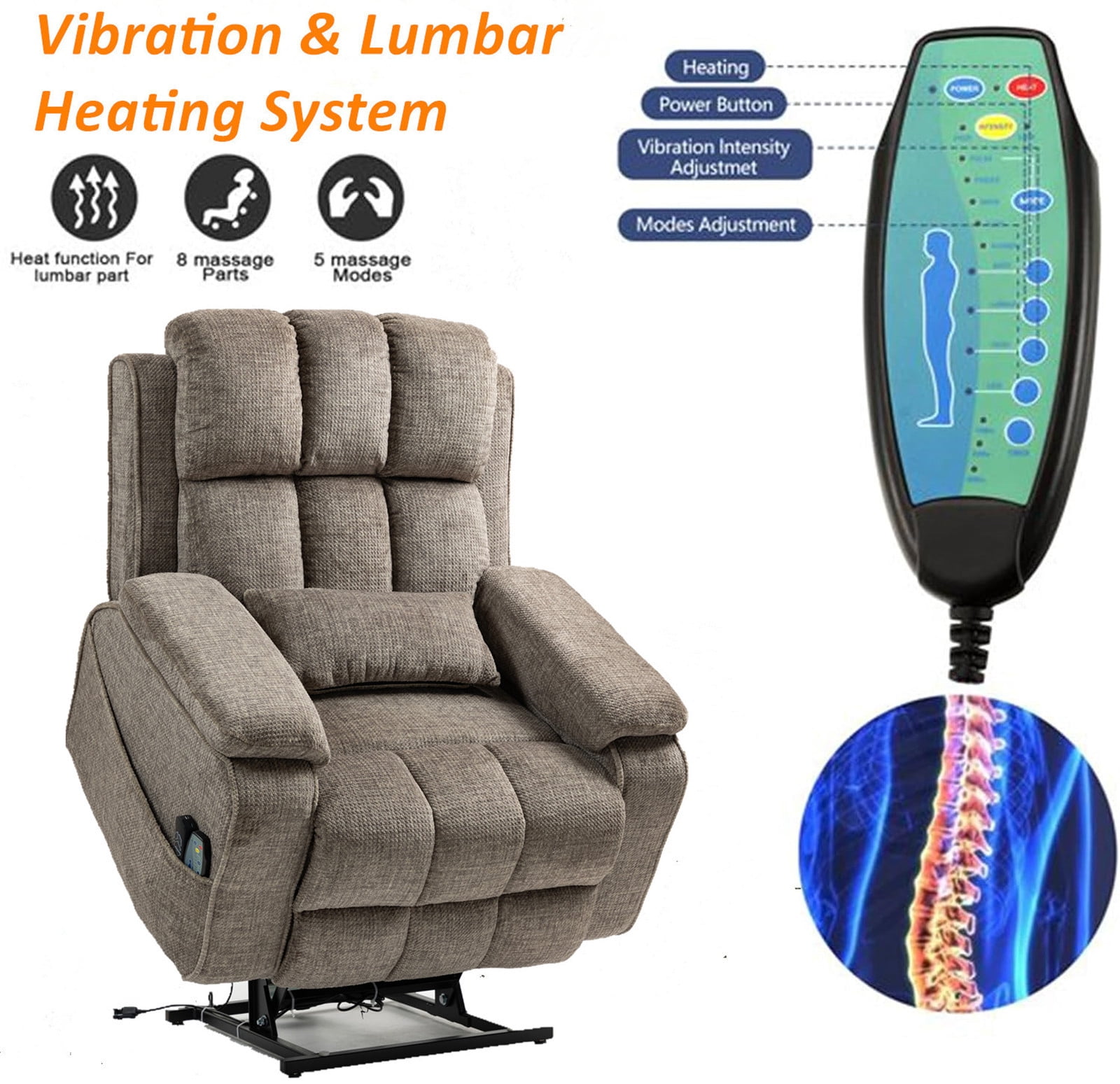 LITVZ Lift Recliner Chairs for Elderly, Lumbar Power Lift Chair with Heat and Massage, 180° Lay Flat Recliner with Extended Footrest, USB & Type-C Ports and Side Storage for Big Man 400lbs Sleeping