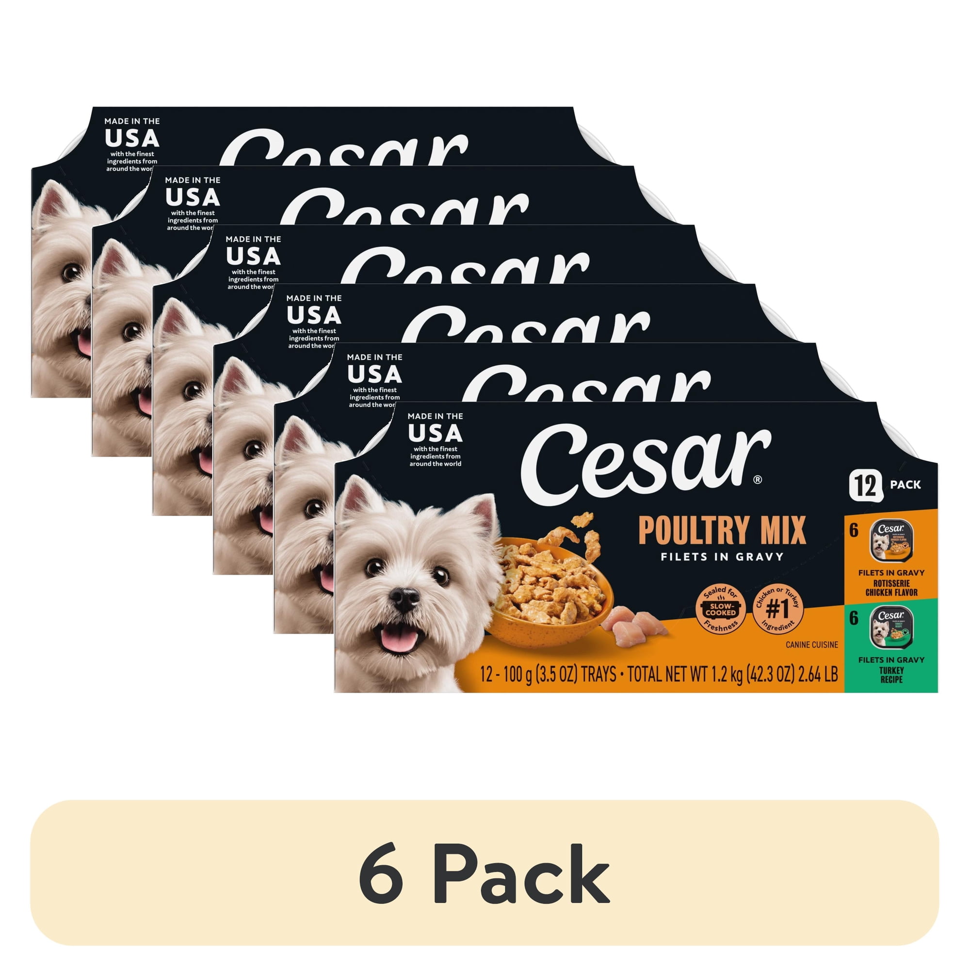 (6 pack) Cesar Filets in Gravy Poultry Flavor Variety Pack Wet Dog Food, 3.5 oz Easy Peel Trays, 12 Count