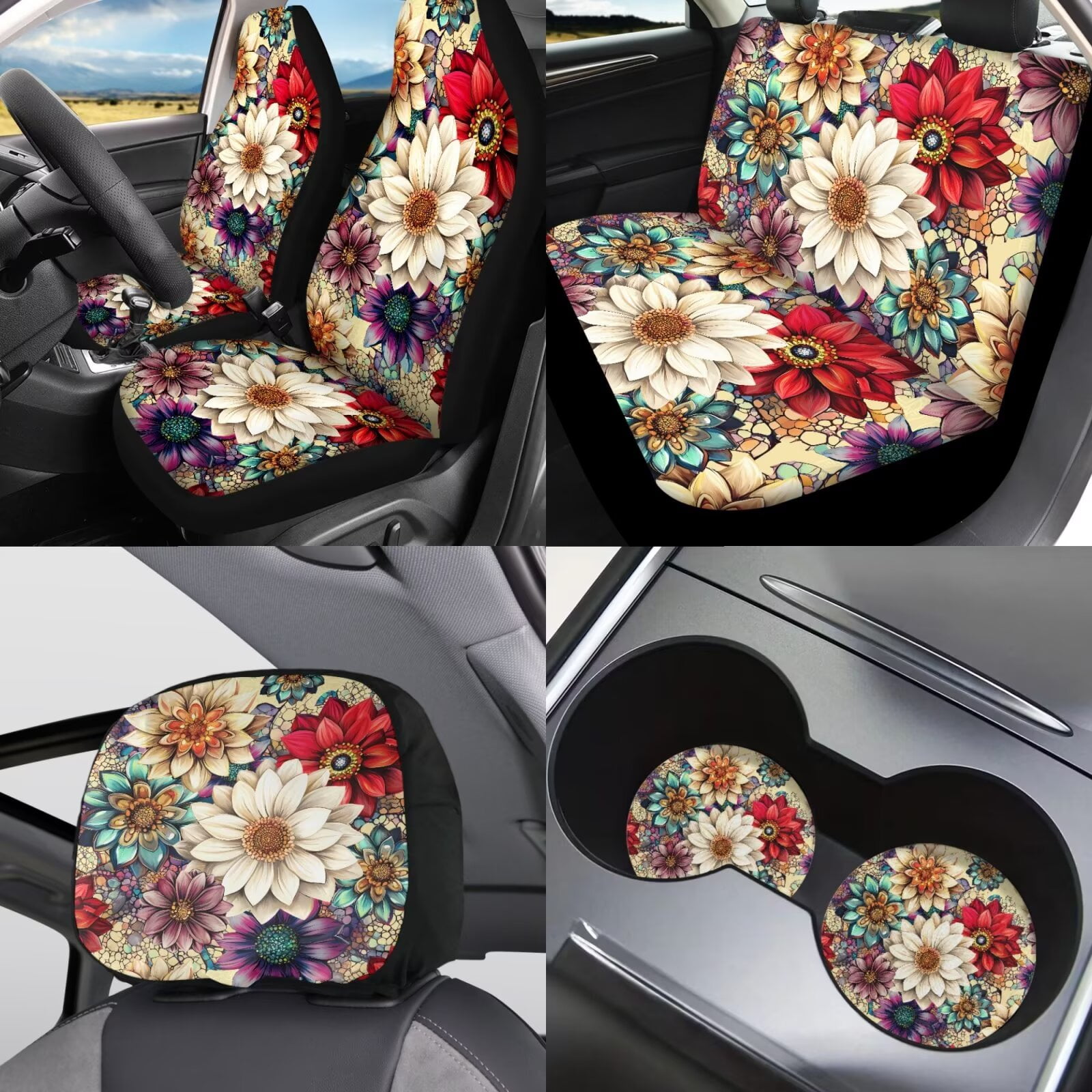 Garronmavis Auto Seat Cover with Headrest Cover Cup Coasters Handbrake Gear Shift Sleeve and Lanyaeds Key Chain Boho Flower Dahlia Fashion Fit Most Cars for Women 11-Pieces Interior Car Accessories