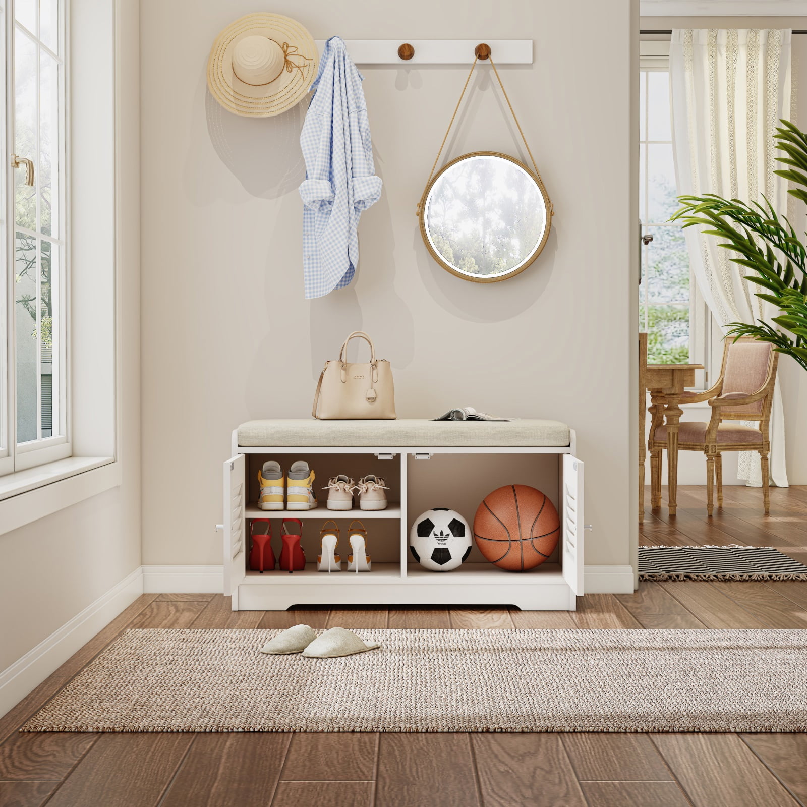 Hommoo Modern Shoe Storage Bench with Cushion, Entryway Shoe Rack Bench with Shutter Doors, Shoe Cabinet with Adjustable Shelves, Ancient White