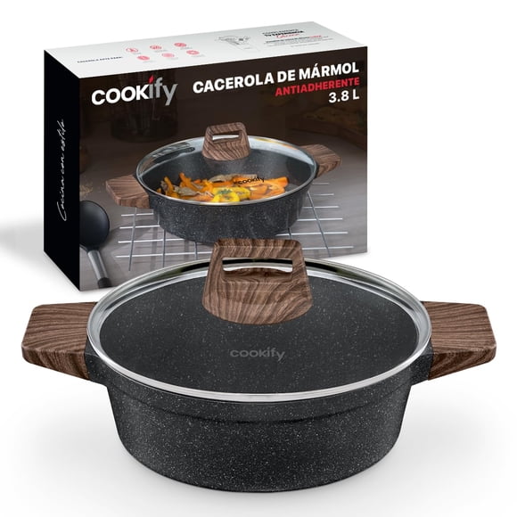 Cookify Olla Cacerola de Aluminio con Revestimiento Antiadherente 100% Libre de PFOA (Mármol Negro, 28 cm)