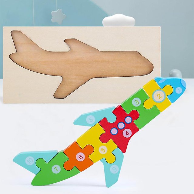 Coche de juguete educativo para niños de rompecabezas de madera 3d, juego de rompecabezas de combinación de números de animales-(avión)// kaili Sencillez