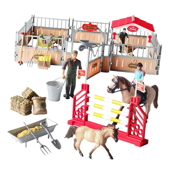 Yinanstore Horse Stable Figurine Playset, Barn Toy Ornament, Farm Animals Toy, Pretend Play, Realistic for Boys and Girls Party Supplies