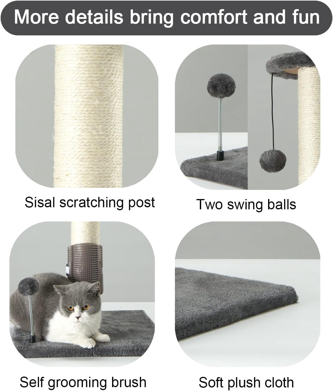 32" Tall Cat Scratching Post Sisal Scratch Posts with Hanging Ball and Self-Massage Brush Vertical Scratcher for Indoor Cats and Kittens(Light-Gray 32inches)