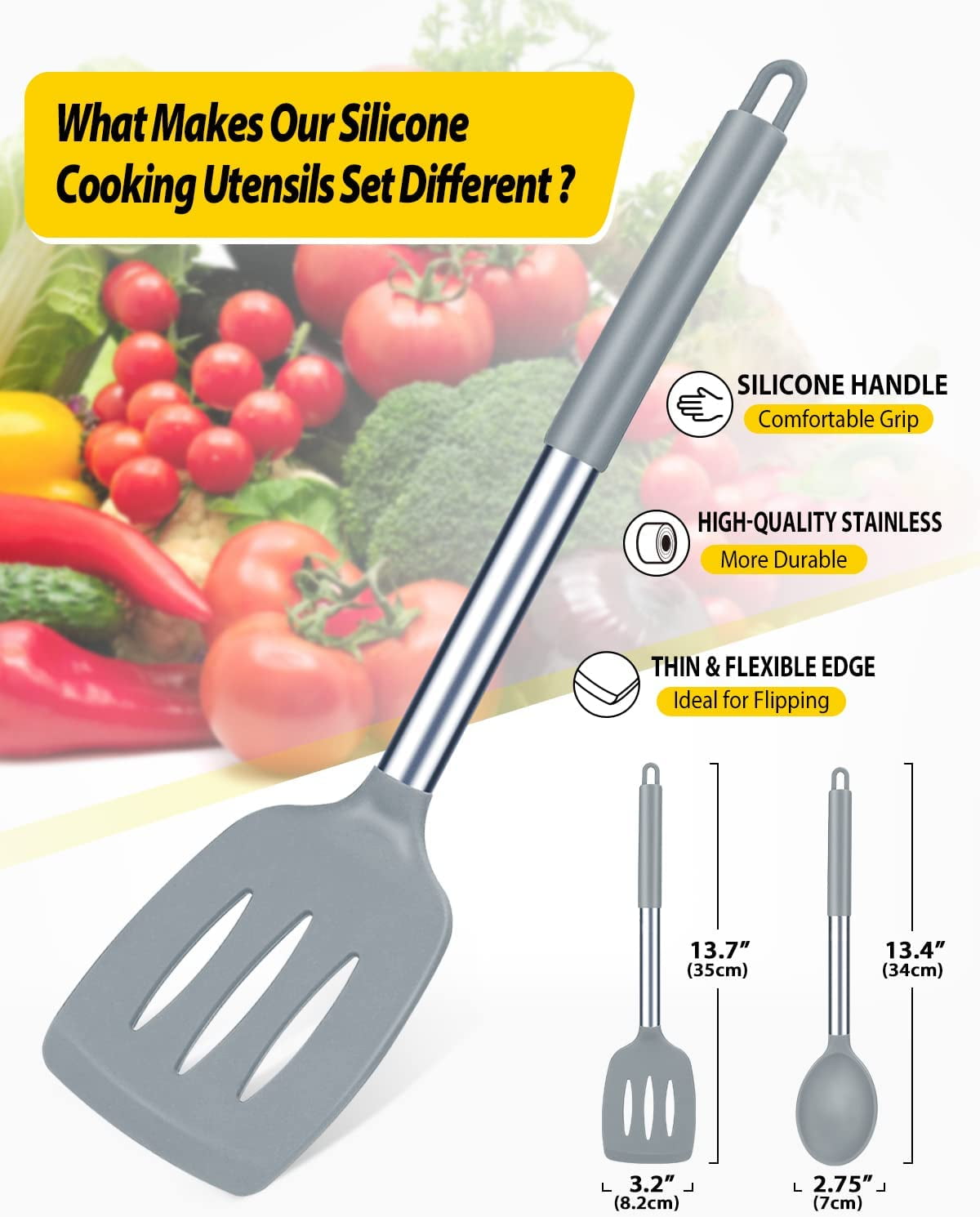 Bundlepro 4 Pack Silicone Home Kitchen Cooking Utensils Set,Solid Slotted Spatulas Spoons Set, Gray