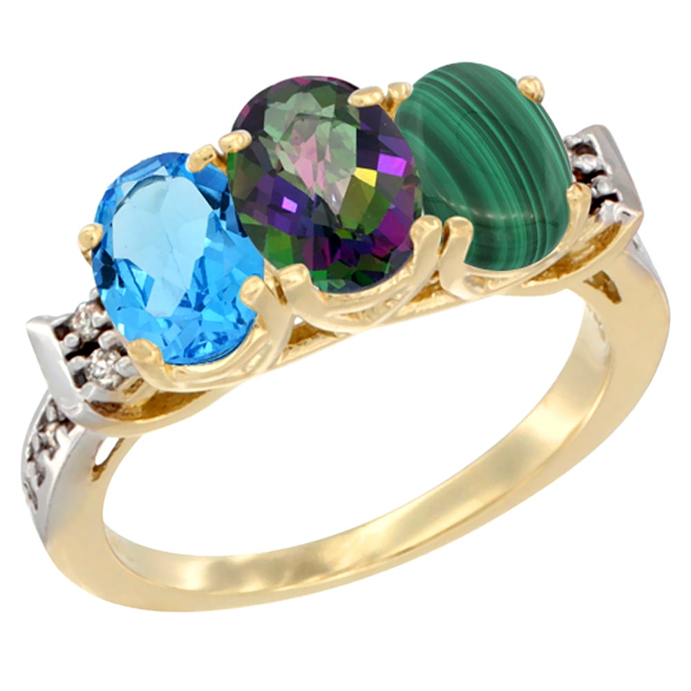 10K Yellow Gold Natural Swiss Blue Topaz, Mystic Topaz & Malachite Ring 3-Stone Oval 7x5 mm Diamond Accent, sizes 5 10 by WorldJewels