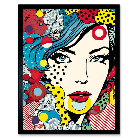 Woman Blue Eyes Abstract Comic Book Style Portrait Pop Art Bedroom Decor Teen Halftone Art Print Framed Poster Wall Decor 12x16 inch