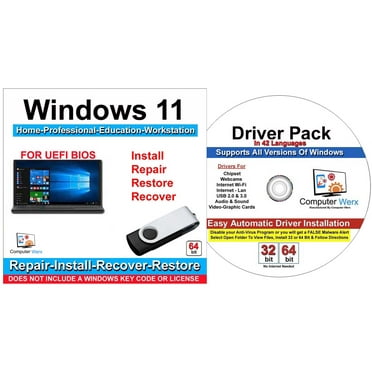 Computer Werx Windows 11 Home Professional Education Workstation Repair Restore Recover Reinstall USB & Drivers Pack