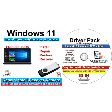 Computer Werx Windows 11 Home Professional Education Workstation Repair Restore Recover Reinstall USB & Drivers Pack