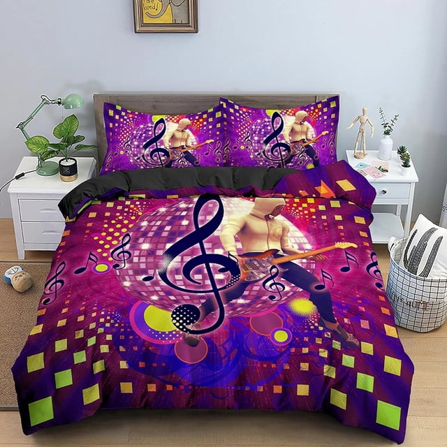 LAICAIW 3D Duvet Cover Set Purple Musical Note Square Art 61x87 Inch Double Bedding Set Reversible Soft Microfiber Quilt Cover & 2Pillowcases with Zipper Closure for Kids Teenagers Adult Aged