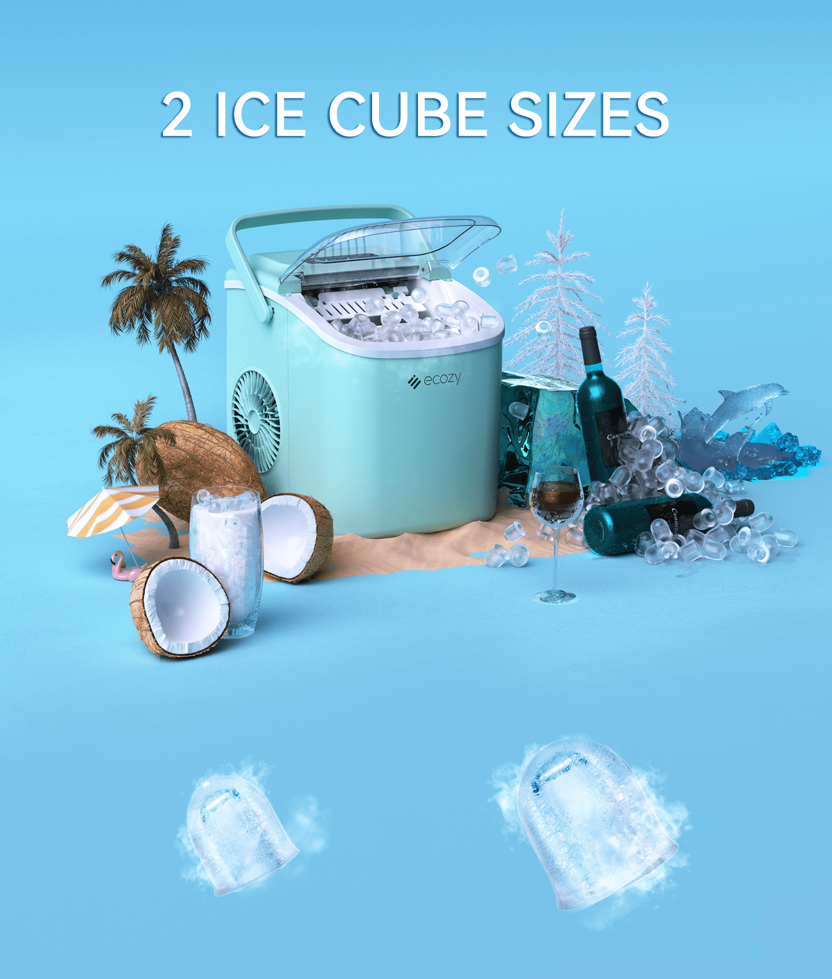 ecozy Portable Countertop Ice Maker - 9 Ice Cubes in 6 Minutes, 26