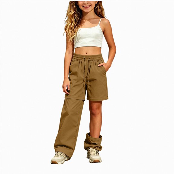 Linfrsh Lightweight Cargo Pants for Girls Kid Convertible Water-Resistant Zip-Off Outdoor Pants with Drawstring & Pockets(Khaki,7-8 Years)