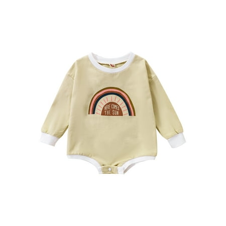 

Frobukio Infant Baby Boys Girls Romper Casual Round Neck Rainbow Letter Printed Long Sleeve Bodysuit Jumpsuit Rainbow Sun Khaki 6-12 Months