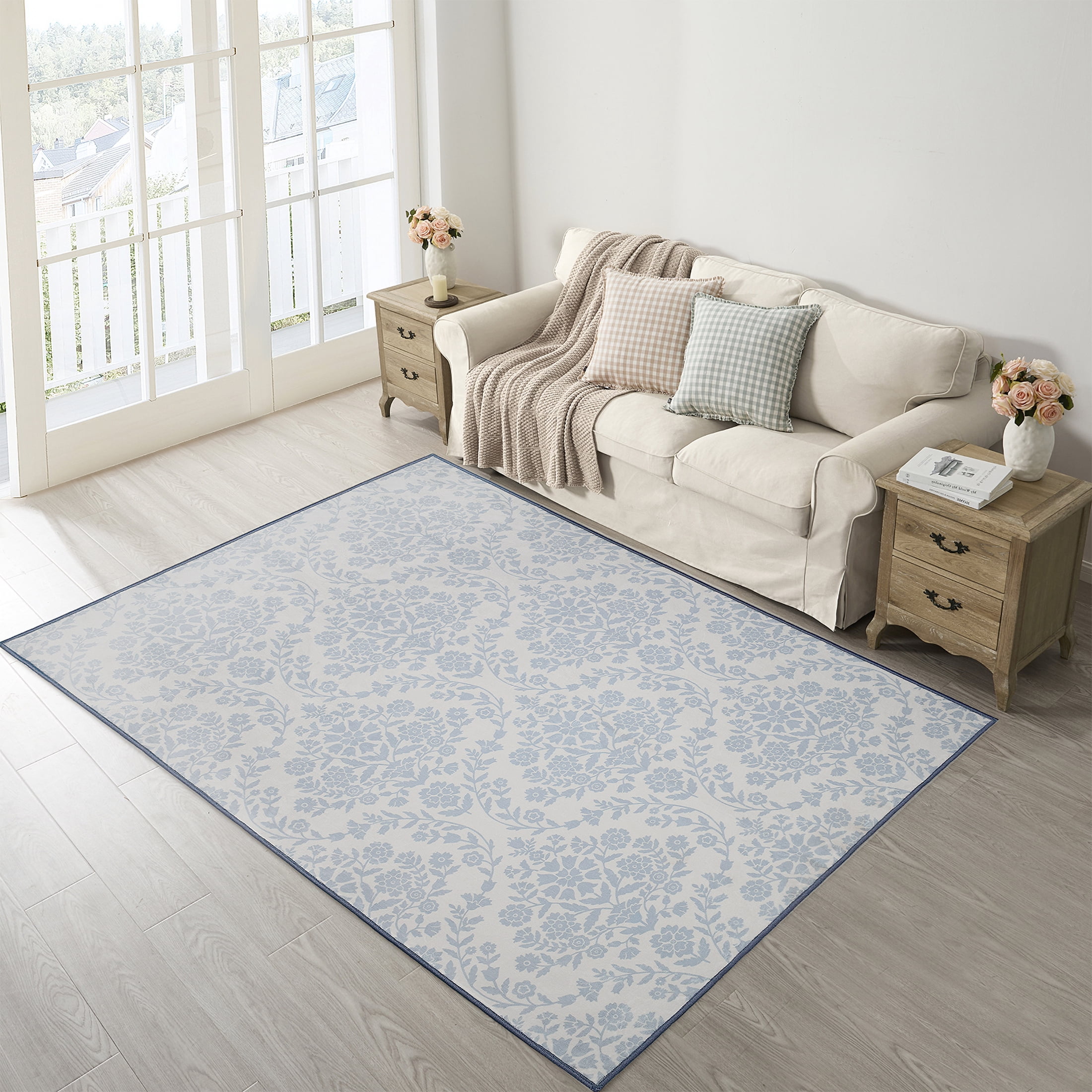 My Texas House Blue Floral Medallion Machine Washable Indoor Area Rug, 7'6" x 9'5"