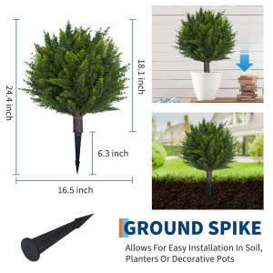 TEQIN Artificial Cedar Topiary Ball Tree with Ground Spike, 24.4" UV Resistant Artificial Bushes for Outdoors,2 Pcs Faux Shrubs, Weatherproof Fake Round Cypress Ball Bushes Plant for Front Porch